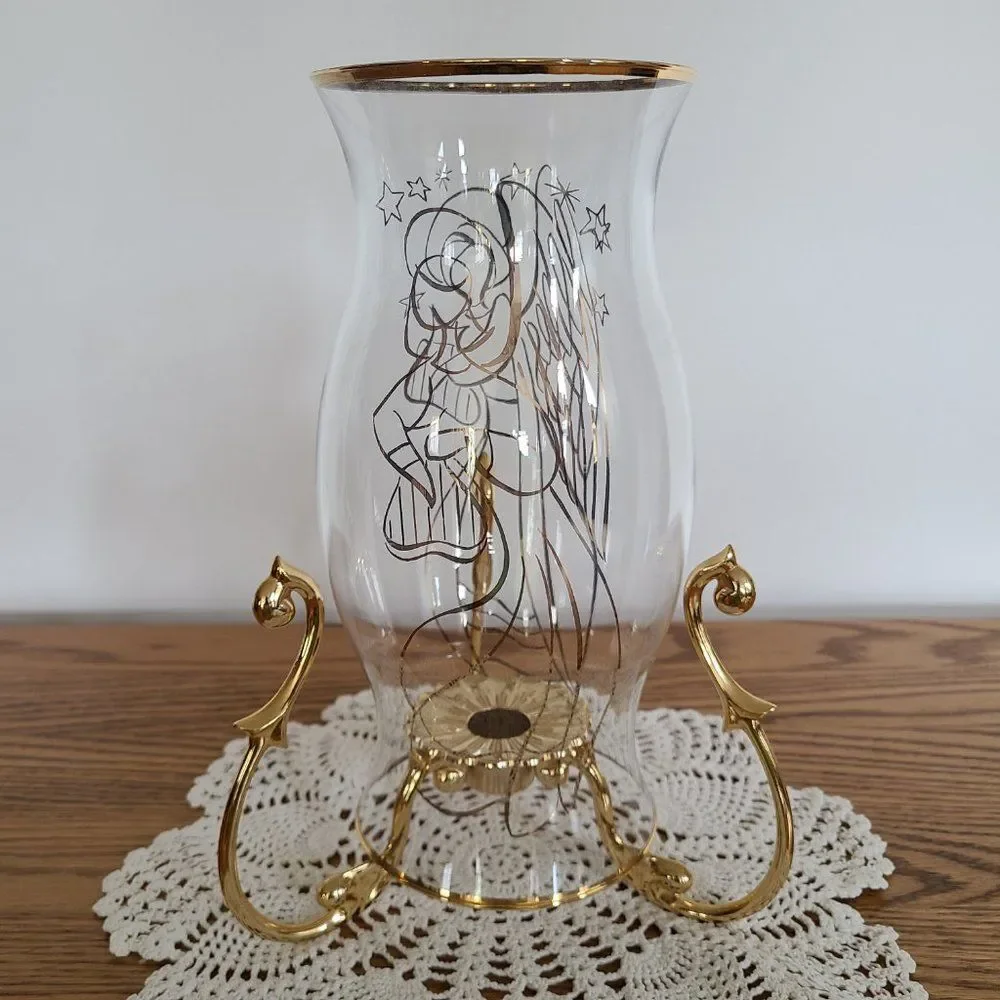 Partylite Versailles Stand Candle Holder With Golden Angel Hurricane Shade P7078